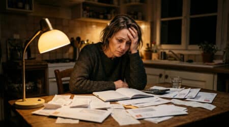 Femme inquiète face à des factures impayées le soir