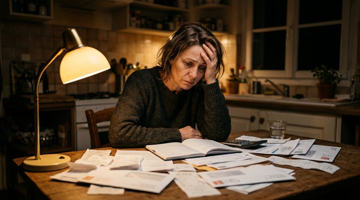 Femme inquiète face à des factures impayées le soir
