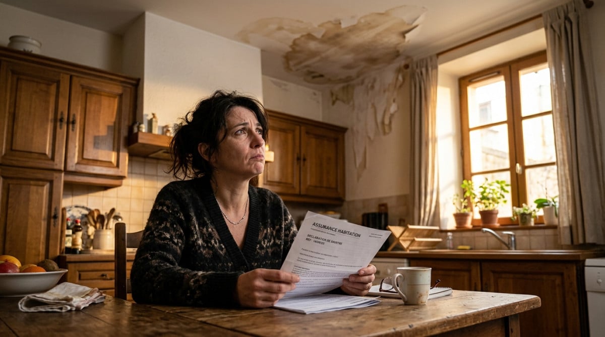 Femme inquiète face à un dégât des eaux au plafond