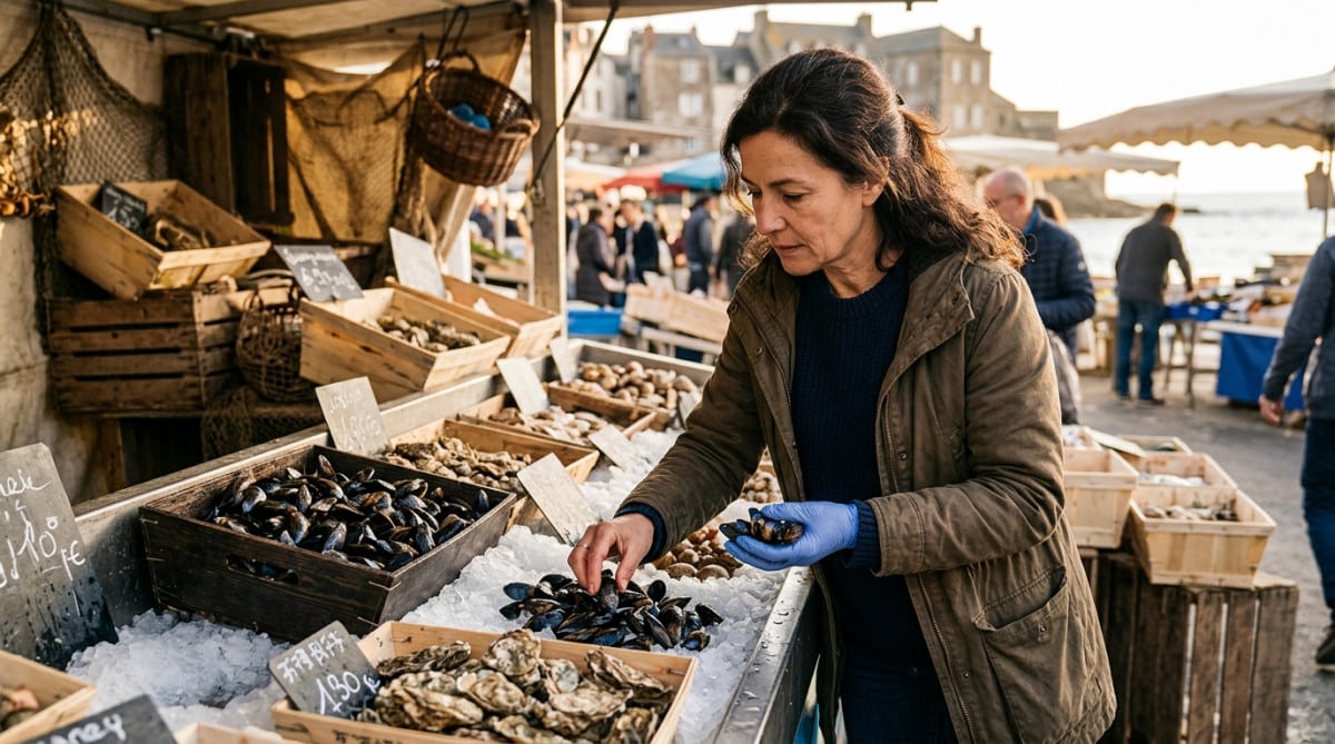 Femme inspectant des moules fraîches sur un marché