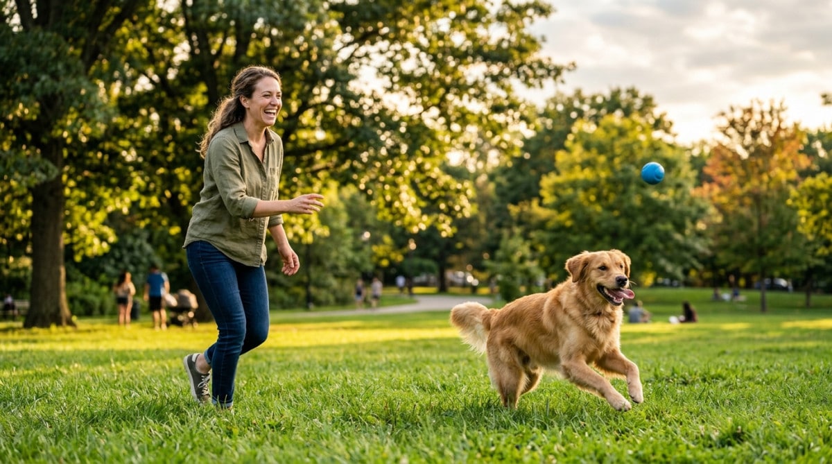 Femme jouant avec son chien et une balle bleue