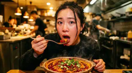 Femme mangeant un plat épicé au piment rouge