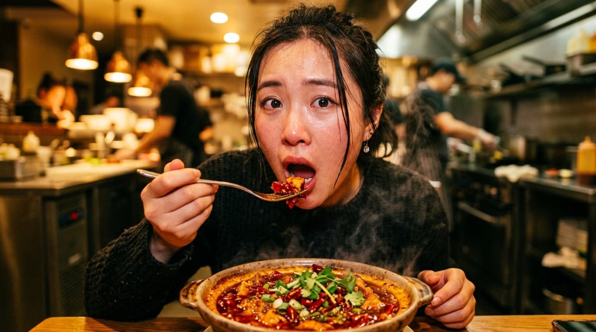 Femme mangeant un plat épicé au piment rouge
