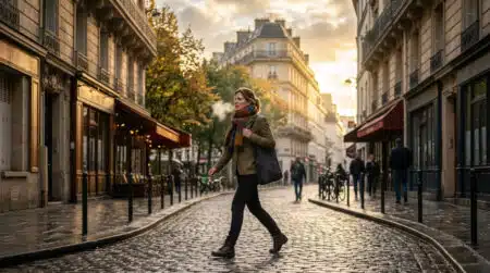 Femme marchant au petit matin frais en ville
