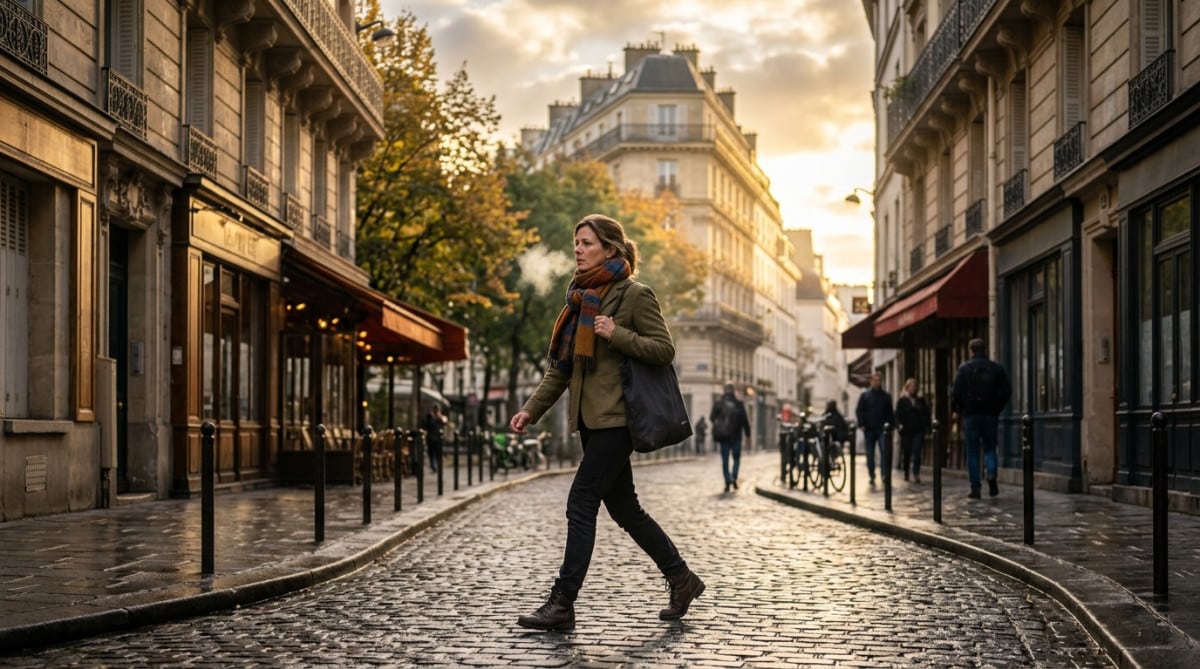 Femme marchant au petit matin frais en ville