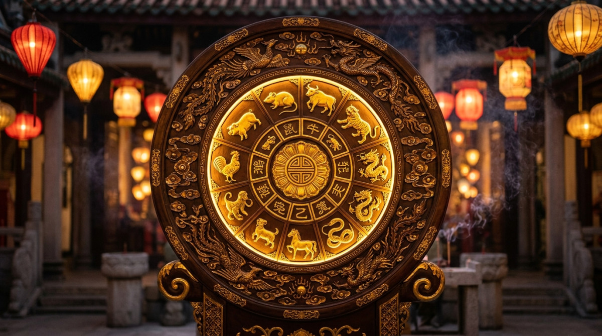 Femme méditant sereinement dans une ambiance mystique dorée symbolisant l'astrologie chinoise