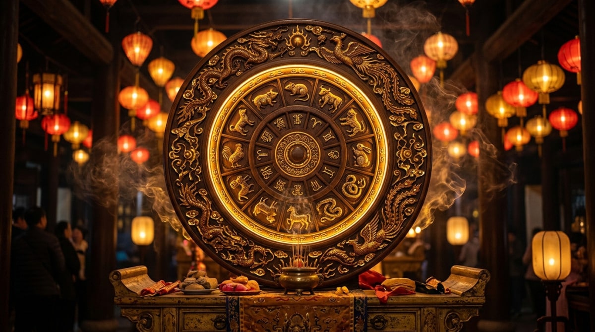 Femme méditant sereinement dans une ambiance mystique dorée pour illustrer l'horoscope chinois