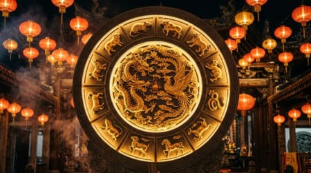 Femme méditant sereinement dans une lumière dorée mystique symbolisant l'horoscope chinois du 8 septembre 2026