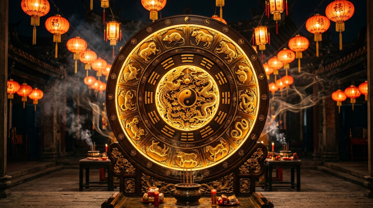 Femme méditant sous une lumière dorée mystique entourée de symboles du zodiaque chinois