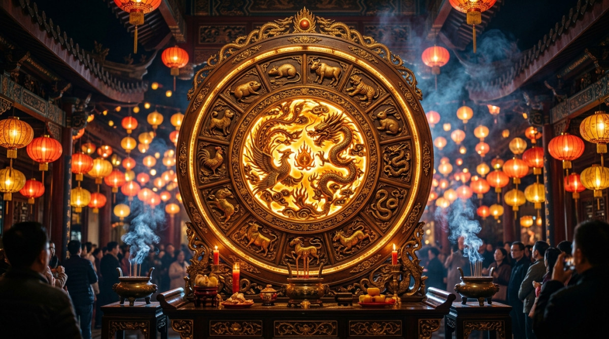 Femme méditant sous une lumière dorée mystique entourée de symboles du zodiaque chinois