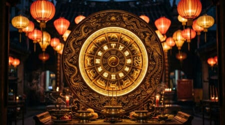 Femme méditant sous une lumière dorée symbolisant l'énergie Métal-Yang de l'horoscope chinois
