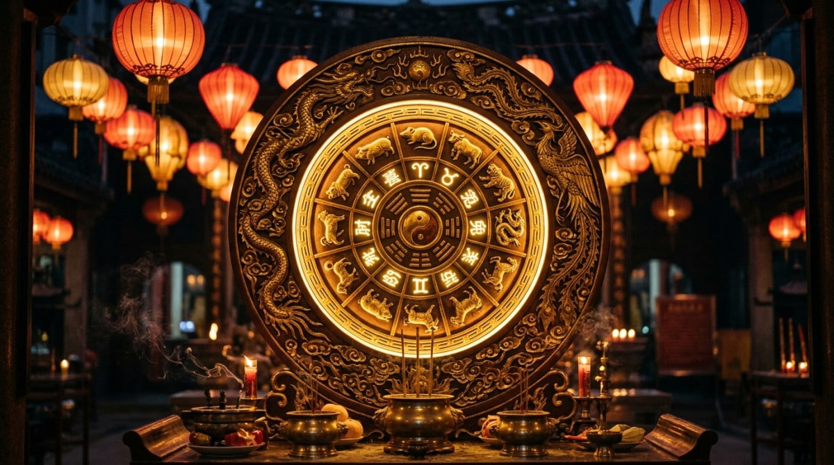 Femme méditant sous une lumière dorée symbolisant l'énergie Métal-Yang de l'horoscope chinois