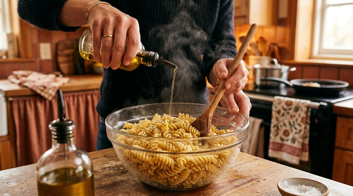 Femme mélangeant des pâtes cuites avec un filet d'huile