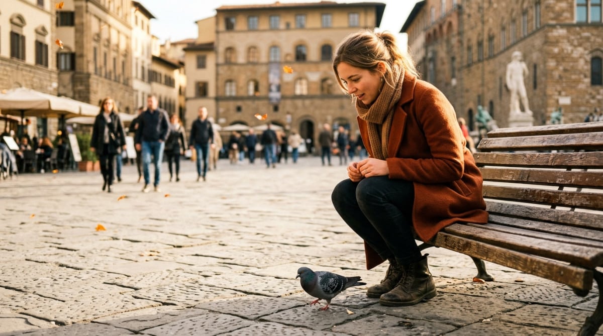 Femme observant un pigeon boiteux dans un parc urbain