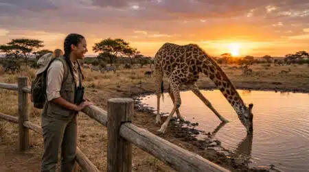 Femme observant une girafe boire au point d'eau au coucher du soleil