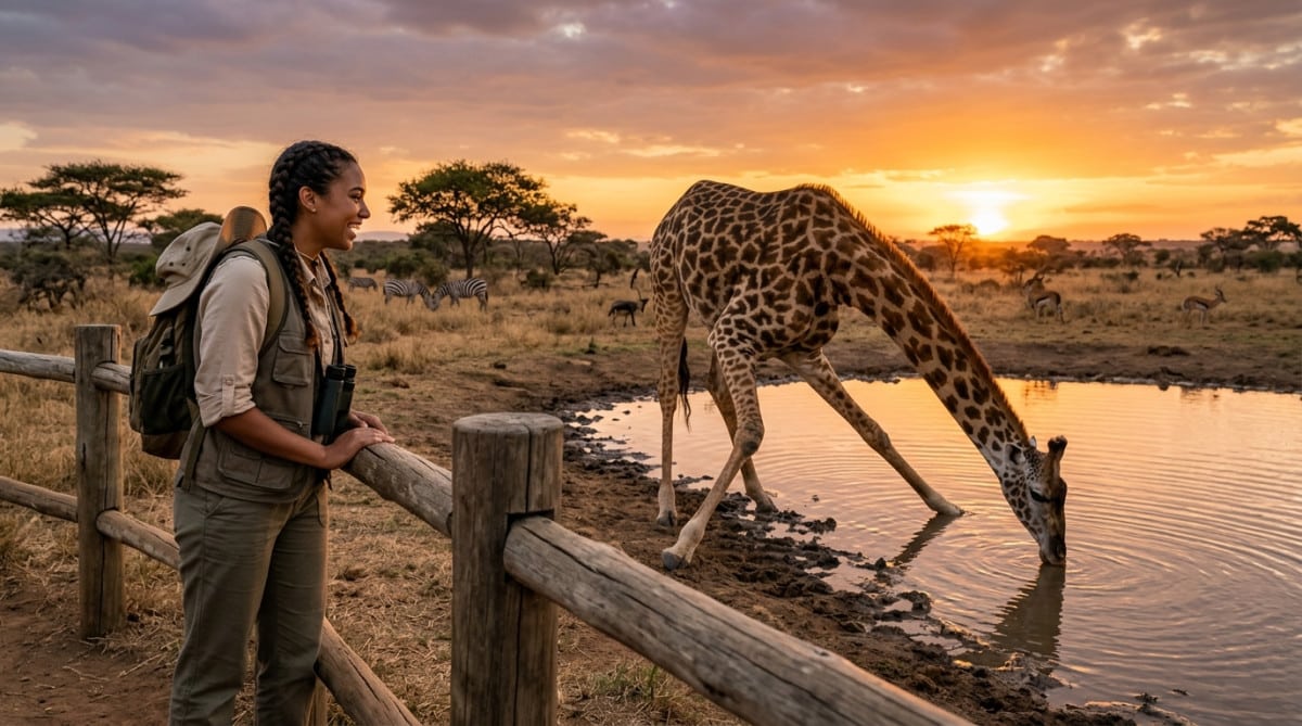 Femme observant une girafe boire au point d'eau au coucher du soleil