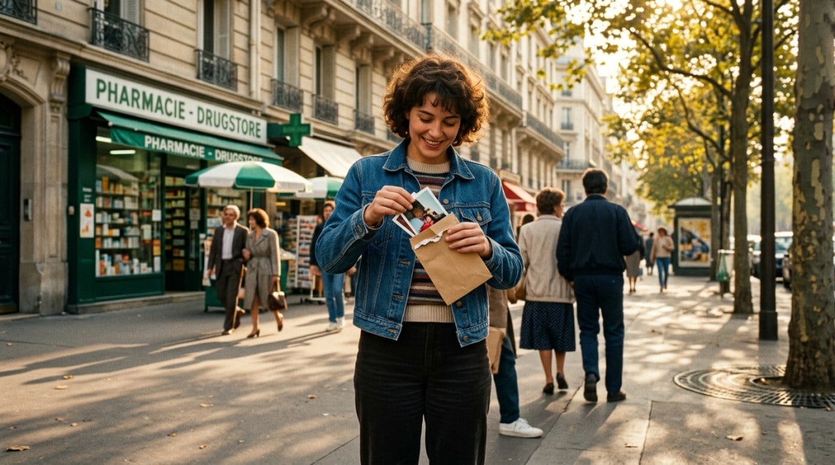 Femme ouvrant une enveloppe de photos développées en 1985
