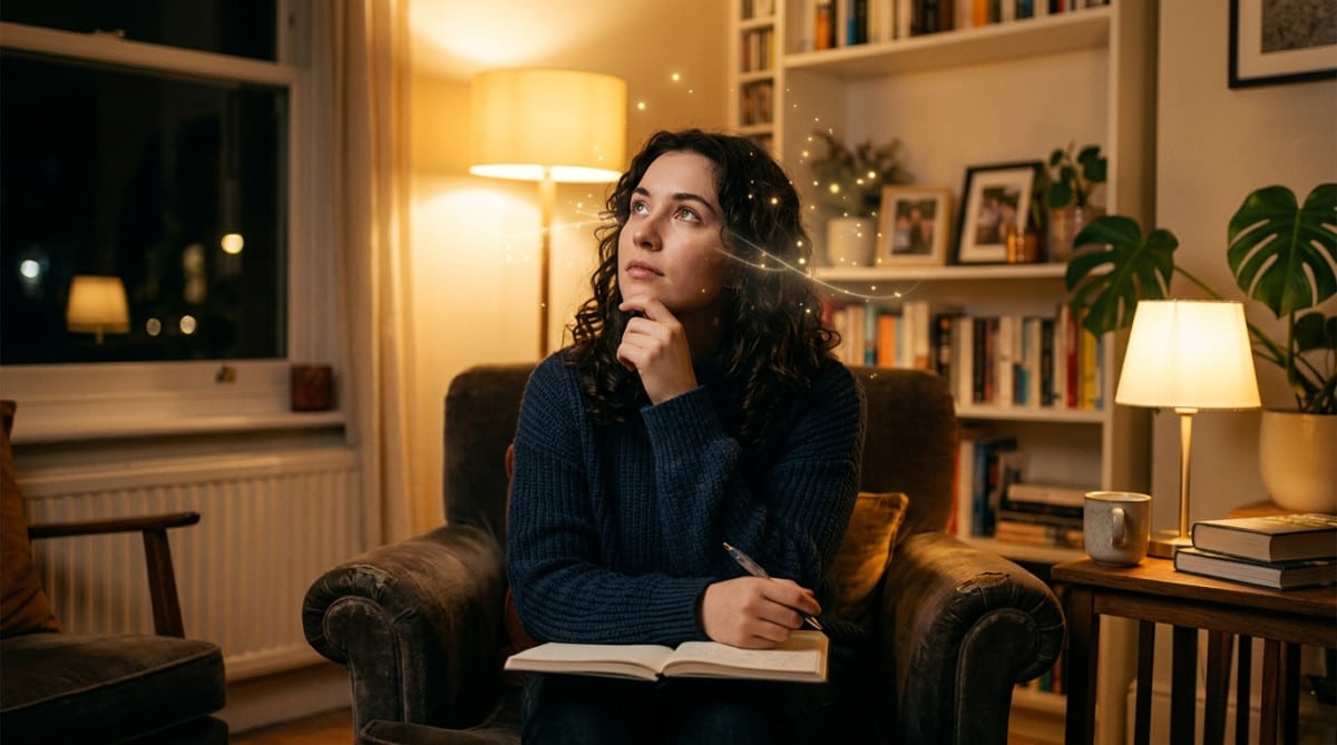 Femme pensive entourée d'une lueur dorée symbolisant l'activité cérébrale