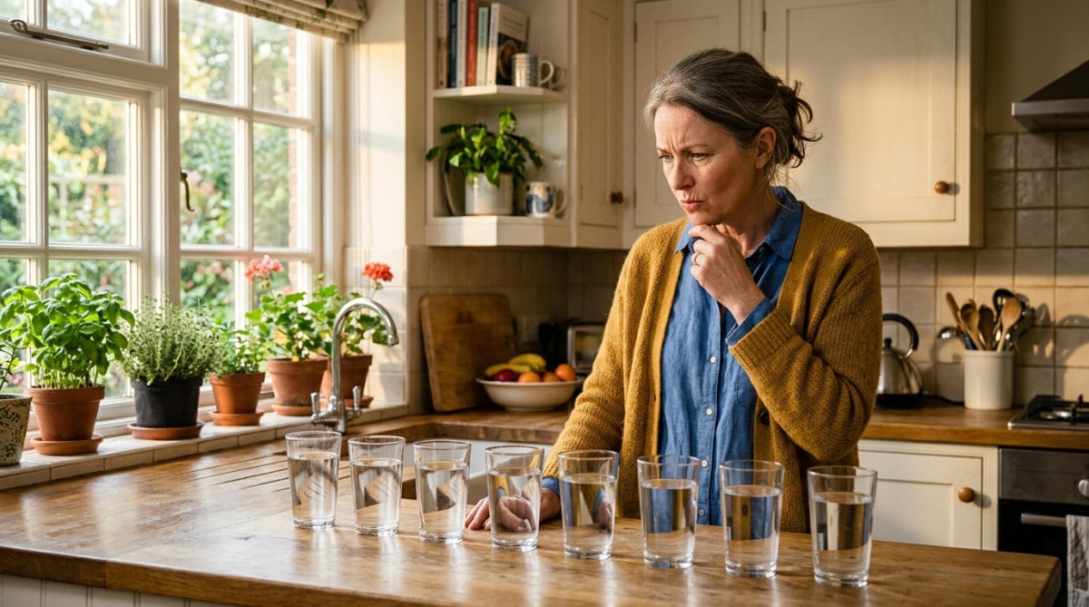 Femme perplexe devant huit verres d'eau alignés