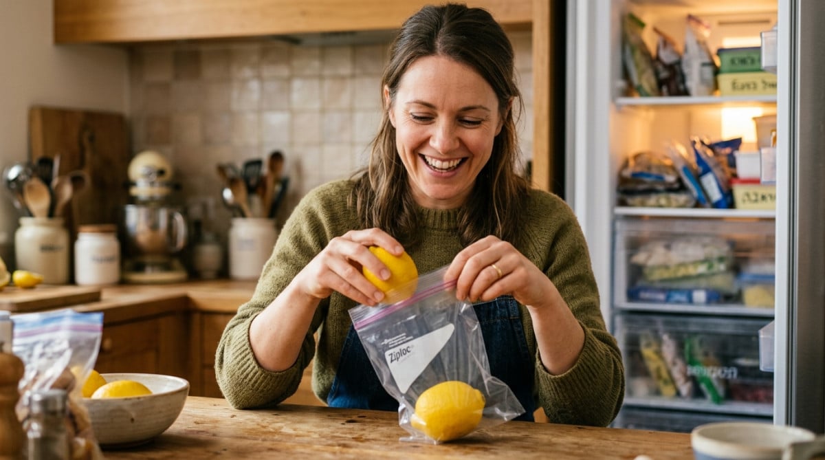 Femme plaçant un citron entier dans un sac de congélation