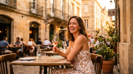 Femme profitant du soleil en terrasse à Bordeaux
