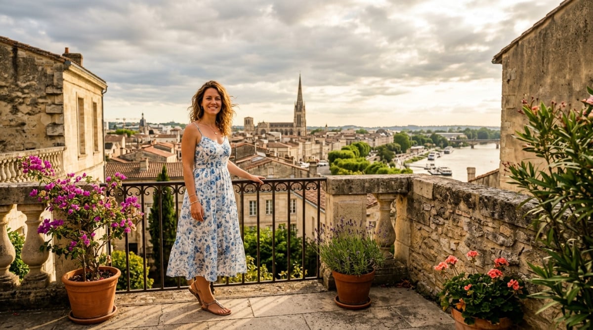 Femme profitant du soleil sur une terrasse à Bordeaux