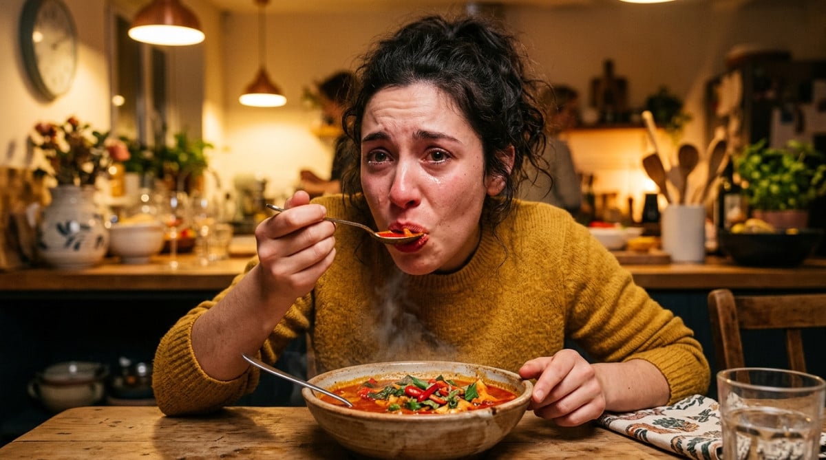 Femme qui a le nez qui coule en mangeant épicé