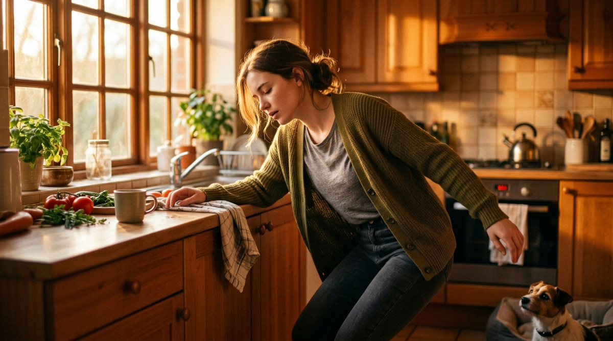 Femme qui perd connaissance brutalement dans une cuisine