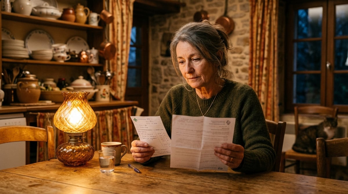 Femme regardant sa facture de dépenses médicales le soir