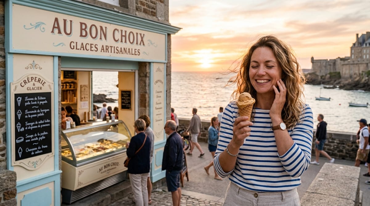 Femme savourant une glace au caramel beurre salé en Bretagne