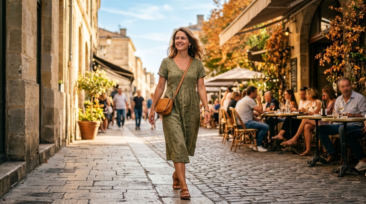 Femme se promenant à Bordeaux sous 30°C au soleil