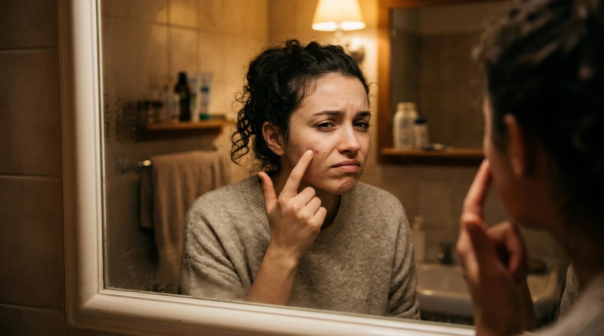 Femme se regardant dans le miroir tentée de percer un bouton