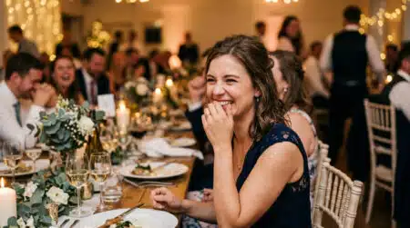Femme se retenant de rire lors d'un mariage