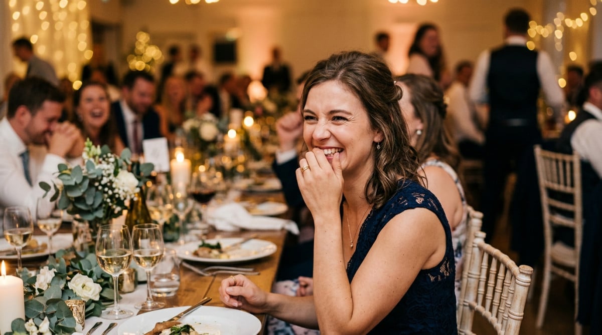 Femme se retenant de rire lors d'un mariage