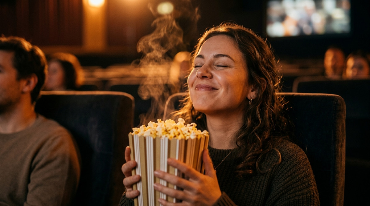 Femme sentant l'arôme de beurre du pop-corn au cinéma