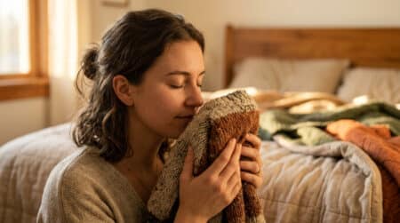 Femme sentant un vieux pull avec émotion nostalgique