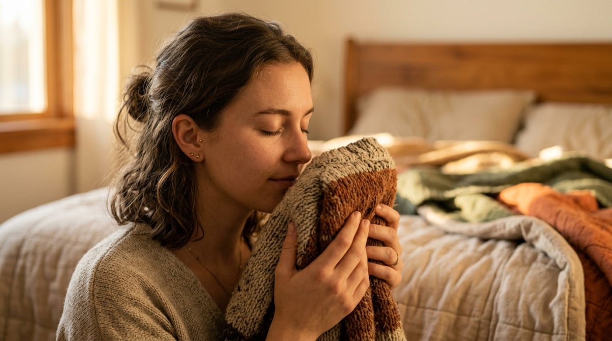 Femme sentant un vieux pull avec émotion nostalgique