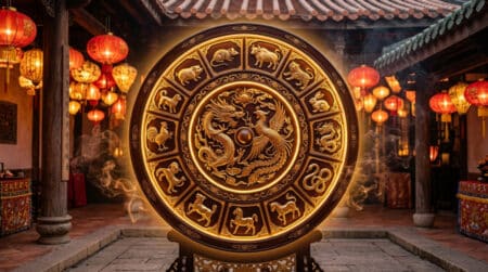 Femme sereine entourée d'énergies dorées symbolisant l'astrologie chinoise du 13 septembre 2026