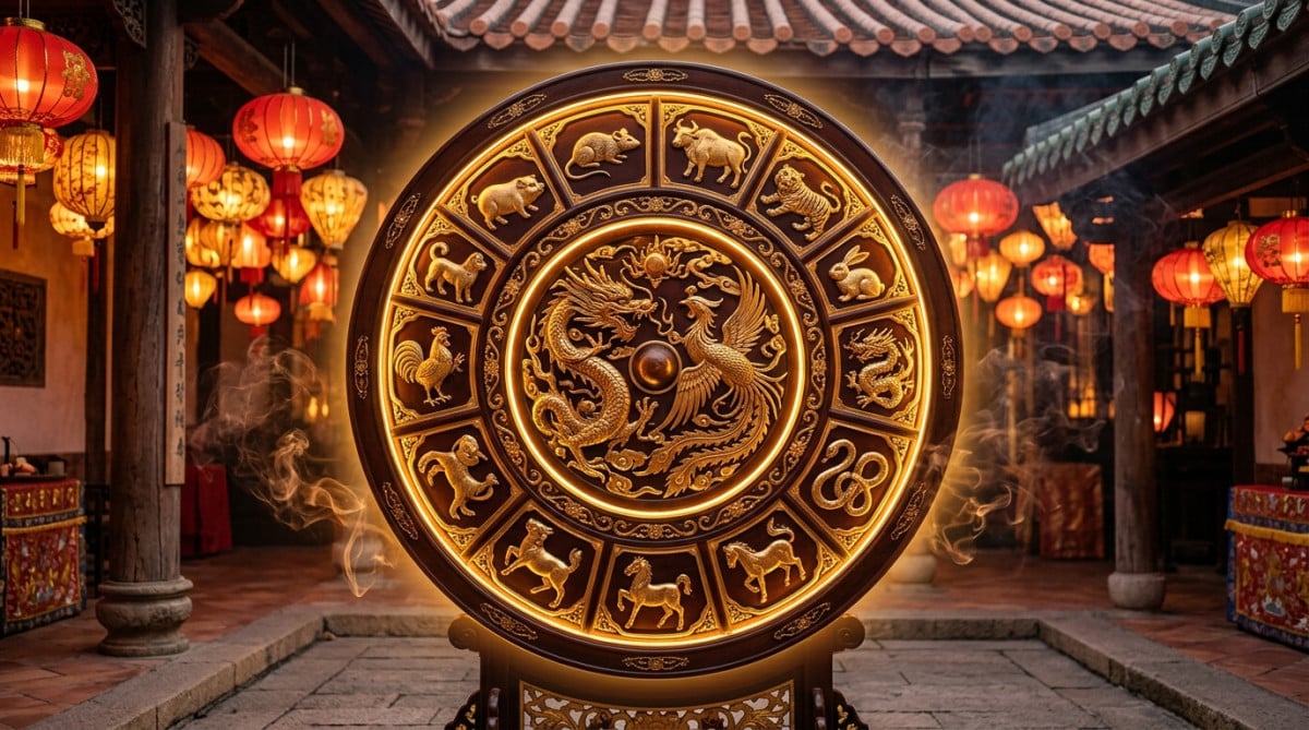 Femme sereine entourée d'énergies dorées symbolisant l'astrologie chinoise du 13 septembre 2026