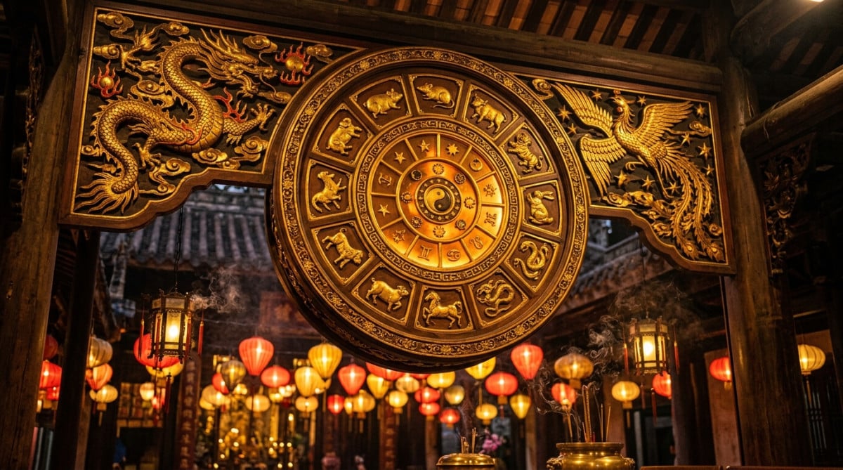 Femme sereine entourée d'une lumière mystique dorée symbolisant l'horoscope chinois