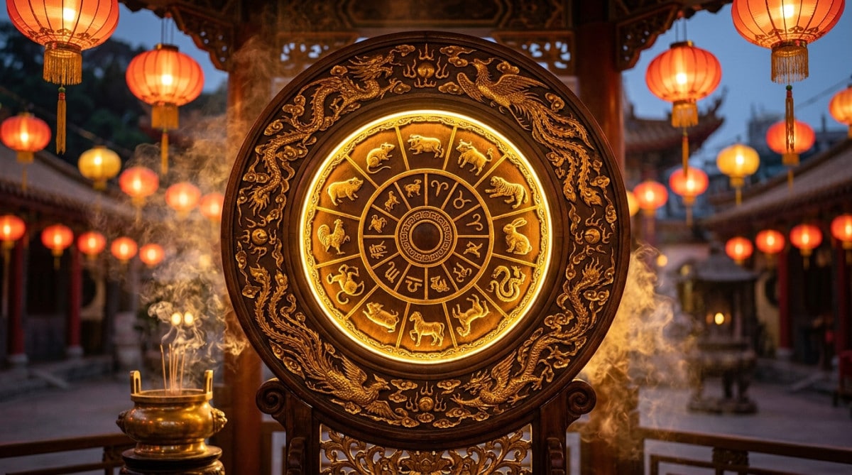 Femme sereine méditant dans un jardin mystique doré symbolisant l'harmonie de l'horoscope chinois