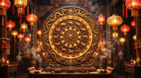 Femme sereine méditant dans un jardin mystique doré symbolisant l'horoscope chinois