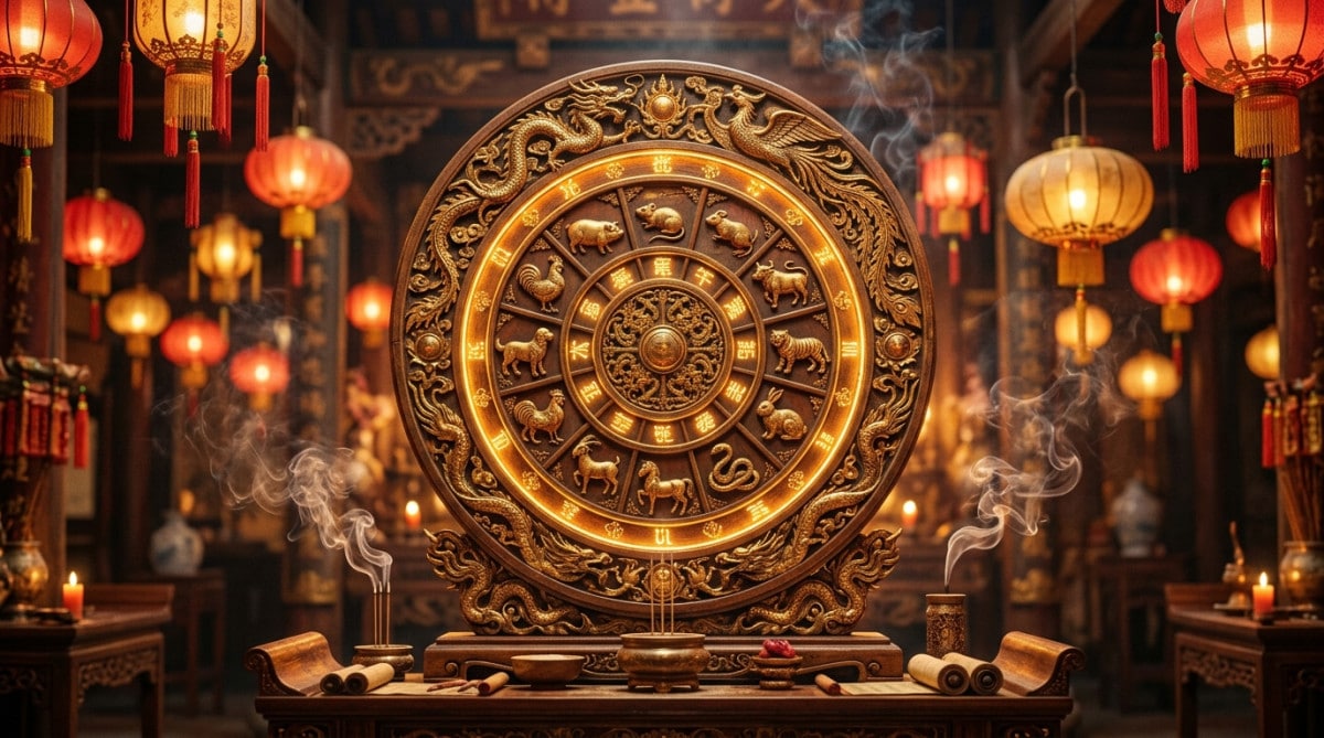 Femme sereine méditant dans un jardin mystique doré symbolisant l'horoscope chinois