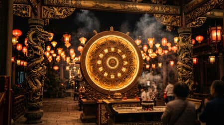 Femme sereine méditant dans une ambiance mystique dorée pour l'horoscope chinois du 21 septembre 2026