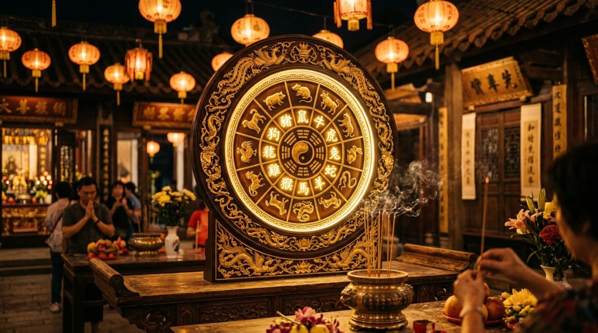 Femme sereine méditant dans une ambiance mystique dorée pour illustrer l'horoscope chinois