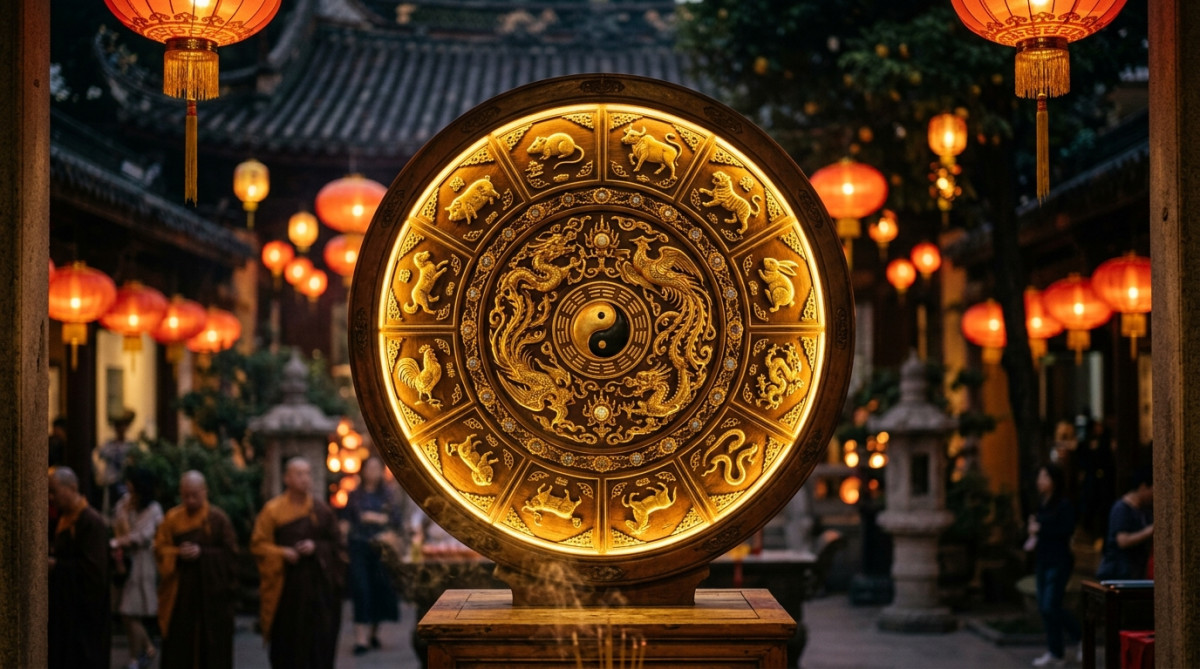 Femme sereine méditant dans une lumière dorée symbolisant l'énergie du Métal-Yin de l'horoscope chinois