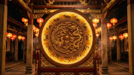 Femme sereine méditant entourée de symboles du zodiaque chinois dans une lumière dorée mystique