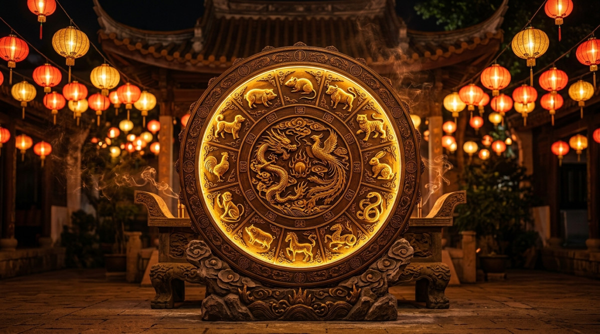 Femme sereine méditant entourée de symboles du zodiaque chinois dans une lumière dorée mystique