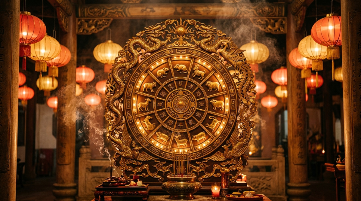 Femme sereine méditant entourée de symboles mystiques du zodiaque chinois dans une lumière dorée