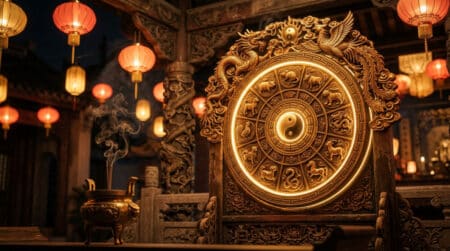 Femme sereine méditant entourée des animaux du zodiaque chinois dans une lumière dorée